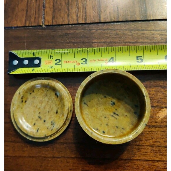 Round Trinket Jewelry Box Brown Marble Stone Made In Brazil 2.25" Vintage - Picture 4 of 5